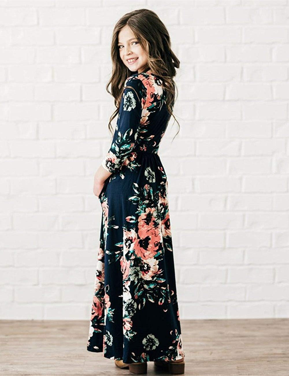 Girl Maxi Dress Floral Long Dresses with Pocket for Girls 6-12 Years